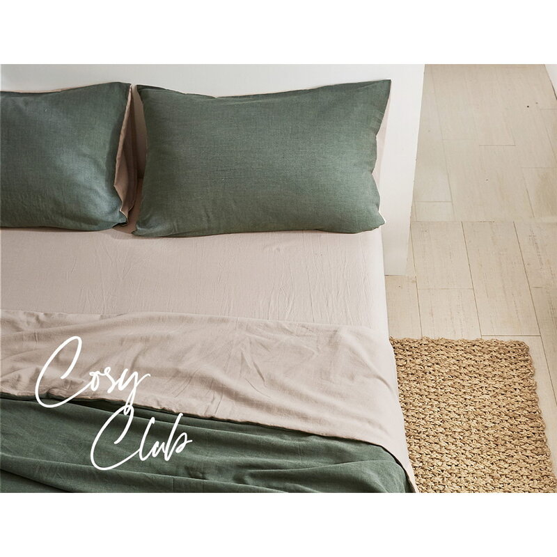 Cosy Club Cotton Bed Sheets Set Green Beige Cover Single