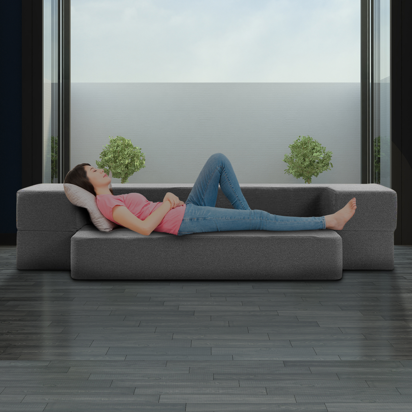 Portable Sofa Bed Folding Bed Mattress Lounger Chair Ottoman - Dark Grey