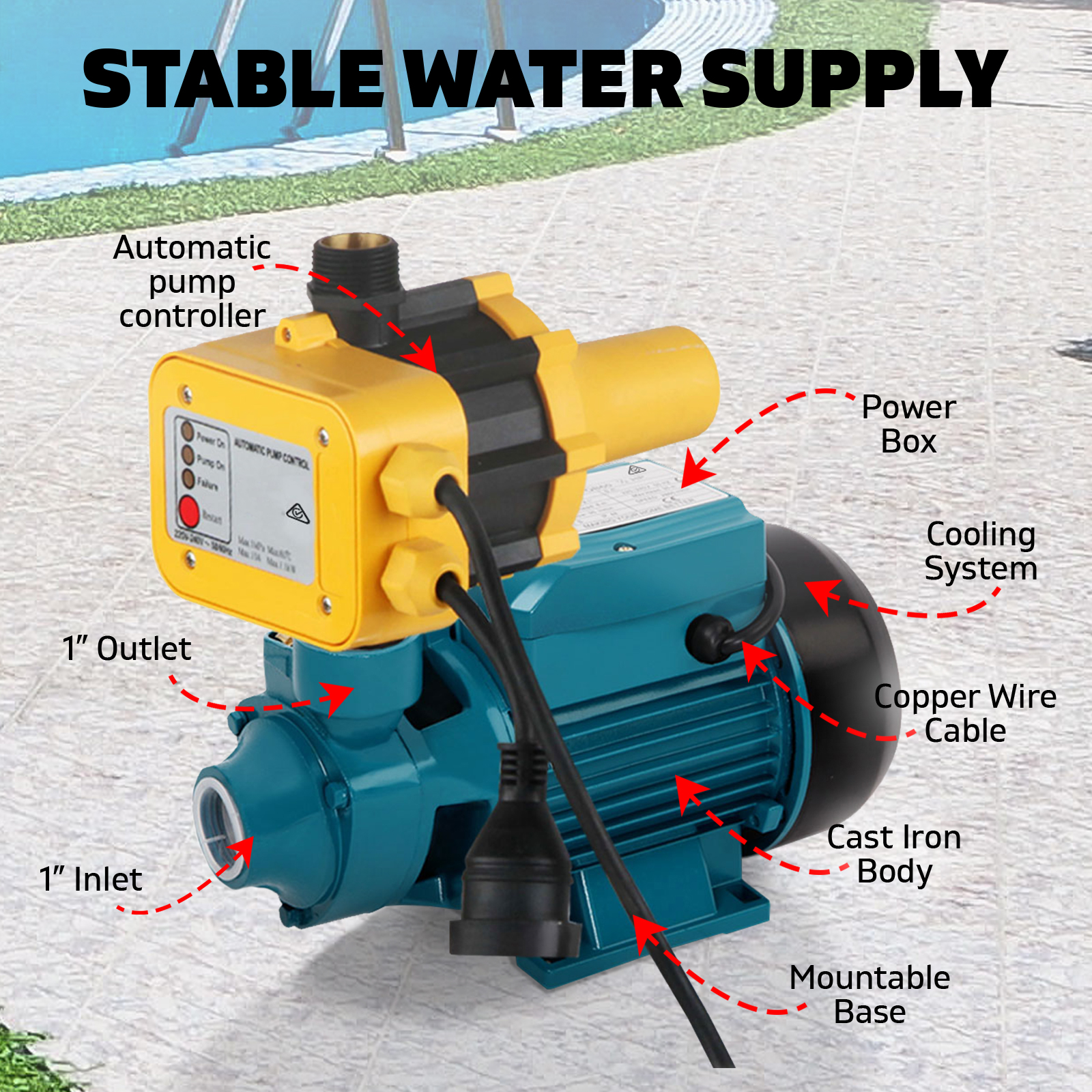 370W Peripheral Pump 0.5 HP Auto Controller Clean Water Garden Farm Irrigation