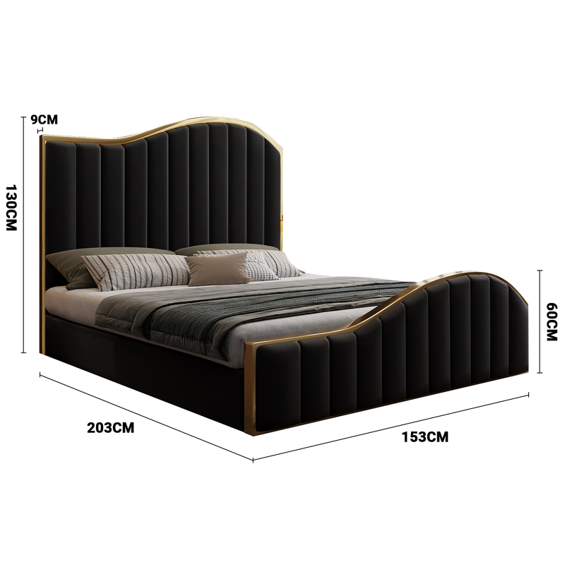 Royal Sleep Stella Queen Bed Frame Velvet Solid Wooden Base Platform Black Gold