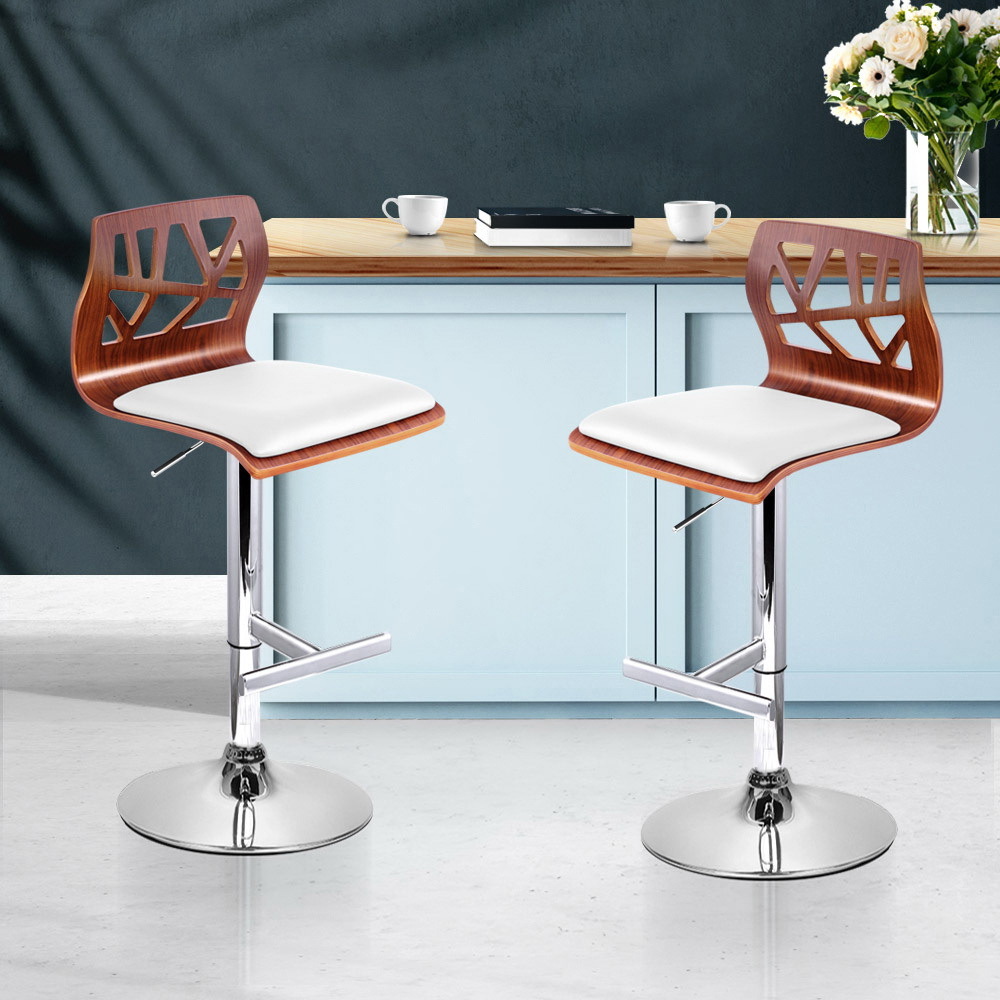 Artiss Set of 2 Wooden Gas Lift Bar Stools - White and Wood