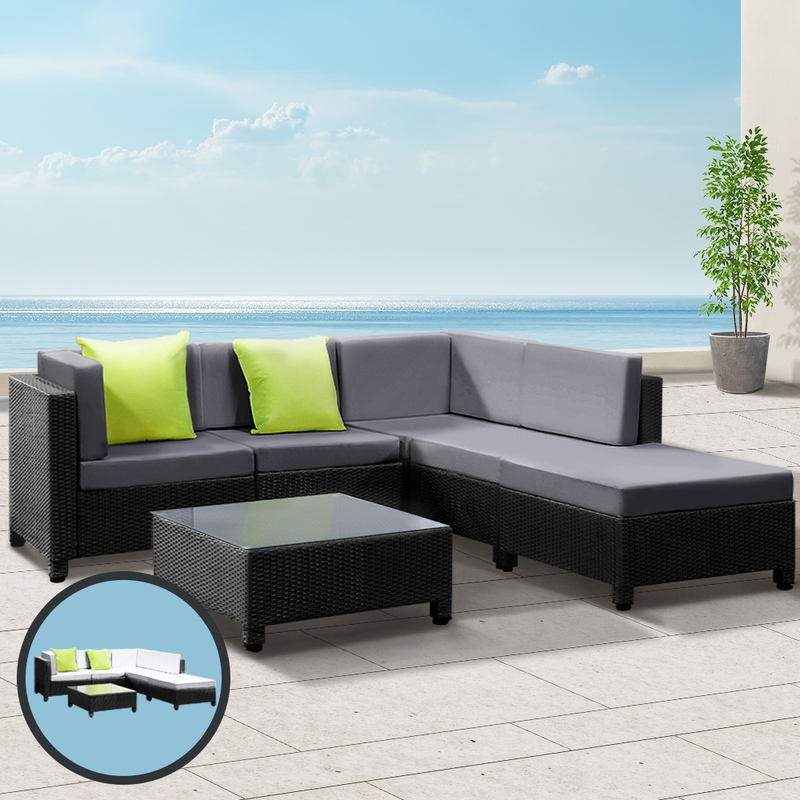 Gardeon 6pcs Outdoor Sofa Lounge Setting Couch Wicker Table Chairs Patio Furniture Black