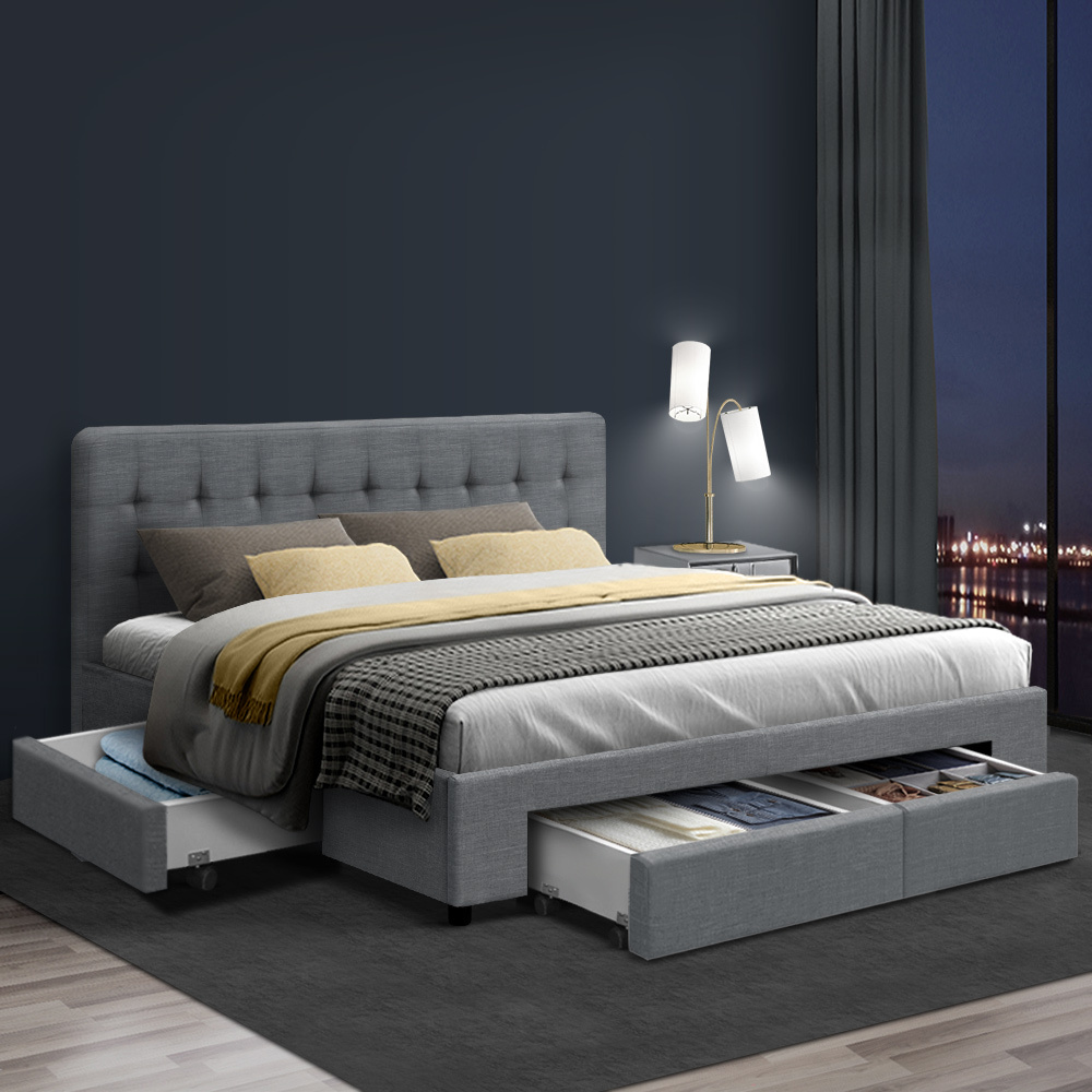 Artiss Avio Bed Frame Fabric Storage Drawers - Grey Double