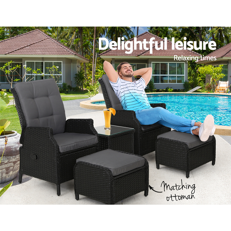 Gardeon 5PC Recliner Chairs Table Sun lounge Wicker Outdoor Furniture Adjustable Black
