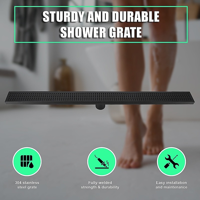 900mm Bathroom Shower Black Grate Drain w/Centre outlet Floor Waste Square Pattern