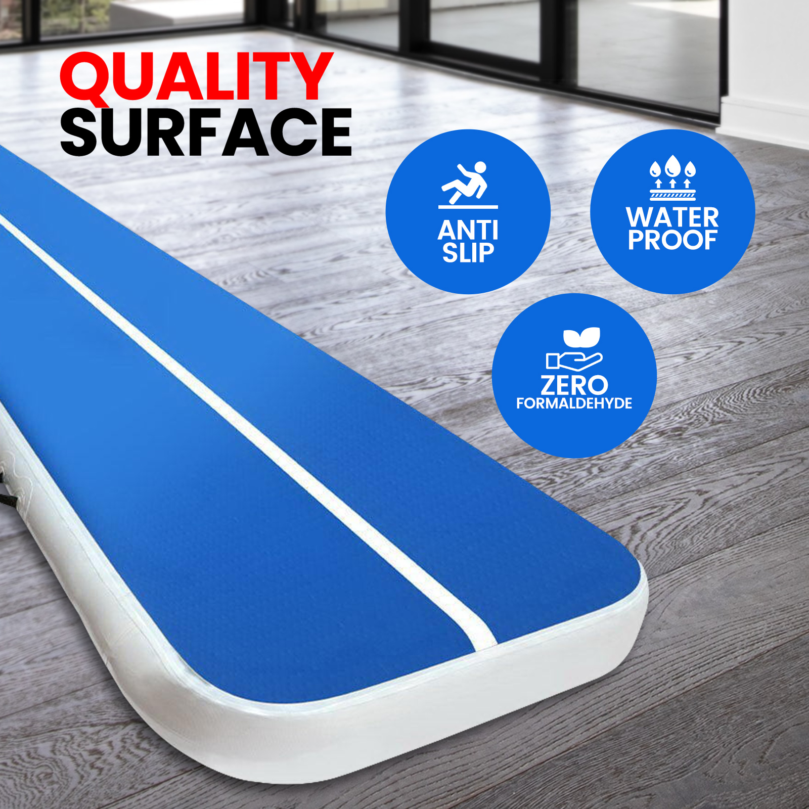 Gymnastic 6m x 1m Inflatable Air Track Mat 20cm Thick Tumbling Blue And White