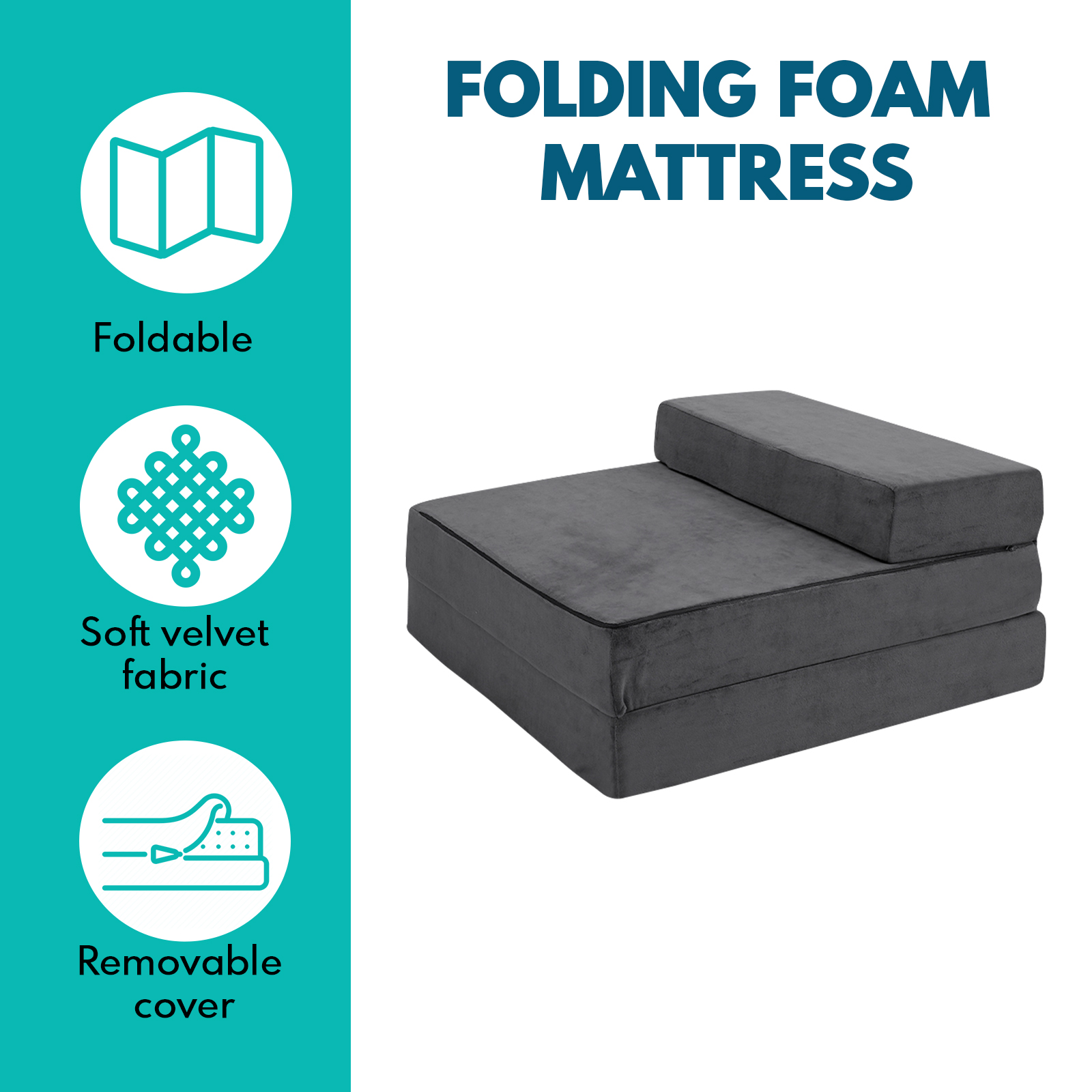 Folding Foam Portable High Density Mattress Medium Firm -  Dark Grey