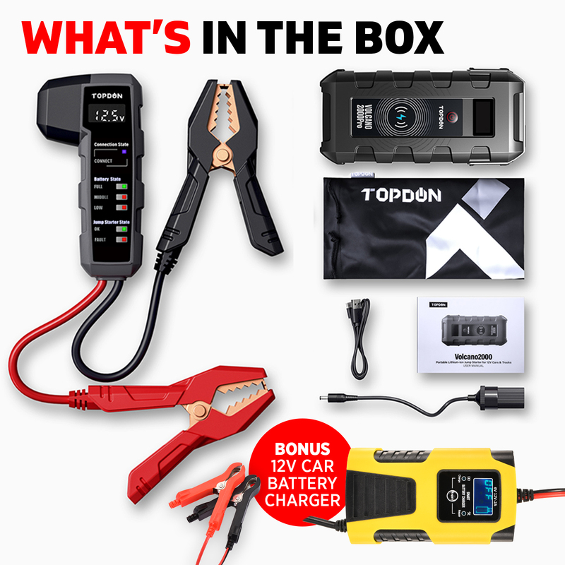 TOPDON Car Jump Starter Booster Lithium 12V Yellow Battery Charger Tester V2000PRO Power Bank