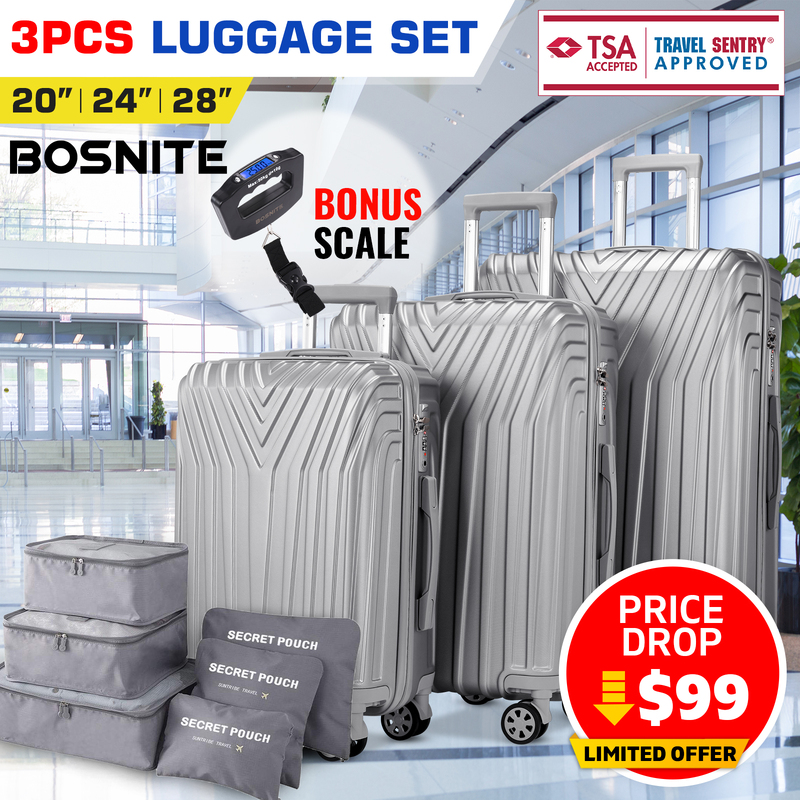 3 Piece Silver Luggage Set for Sale Carry on Travel Suitcases