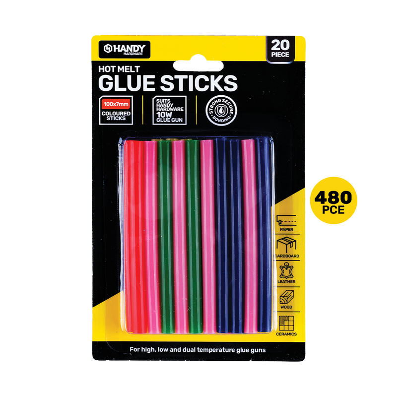 Handy Hardware 480PCE Coloured Hot Melt Glue Sticks Vibrant Colours 100