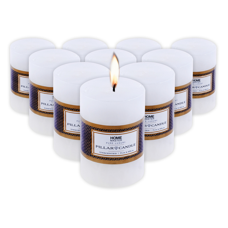 Home Master 10PCE Flat Pillar Candles White Unscented Lead Free Wick 7