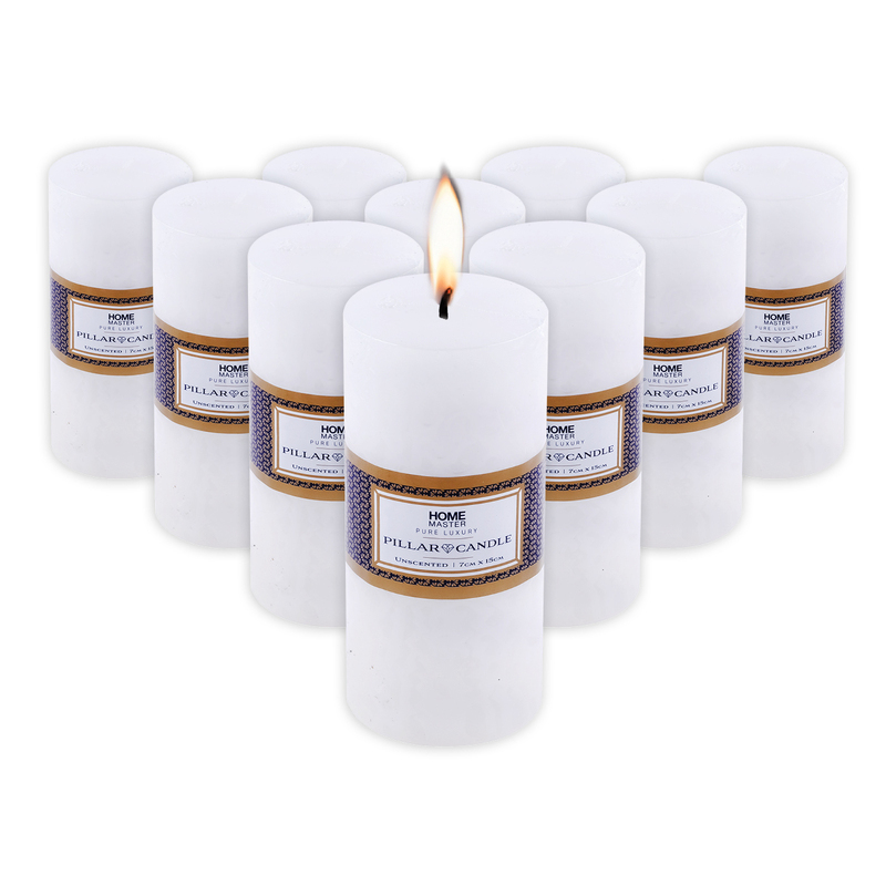 Home Master 10PCE Flat Pillar Candles White Unscented Lead Free Wick 7