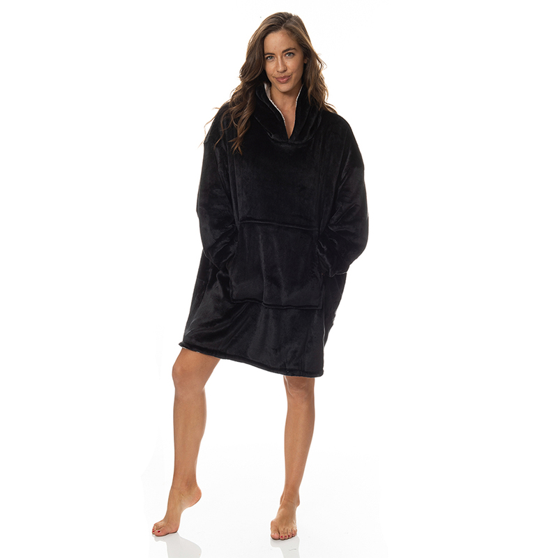 Royal Comfort Snug Hoodie Nightwear Super Soft Reversible Coral Fleece 750GSM - Black