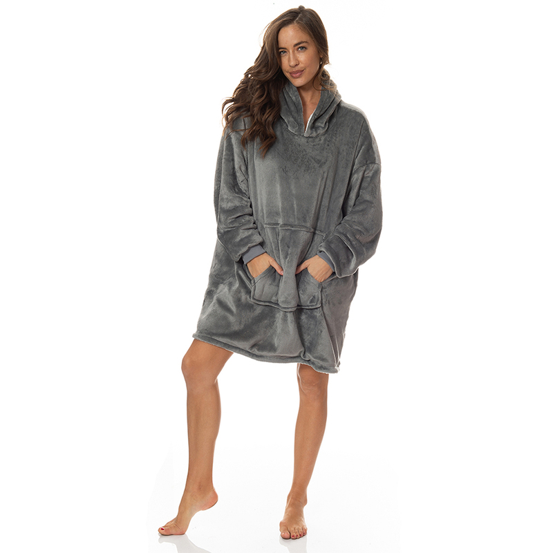 Royal Comfort Snug Hoodie Nightwear Super Soft Reversible Coral Fleece 750GSM - Grey