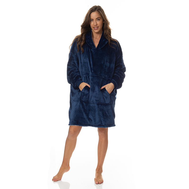 Royal Comfort Snug Hoodie Nightwear Super Soft Reversible Coral Fleece 750GSM - Navy