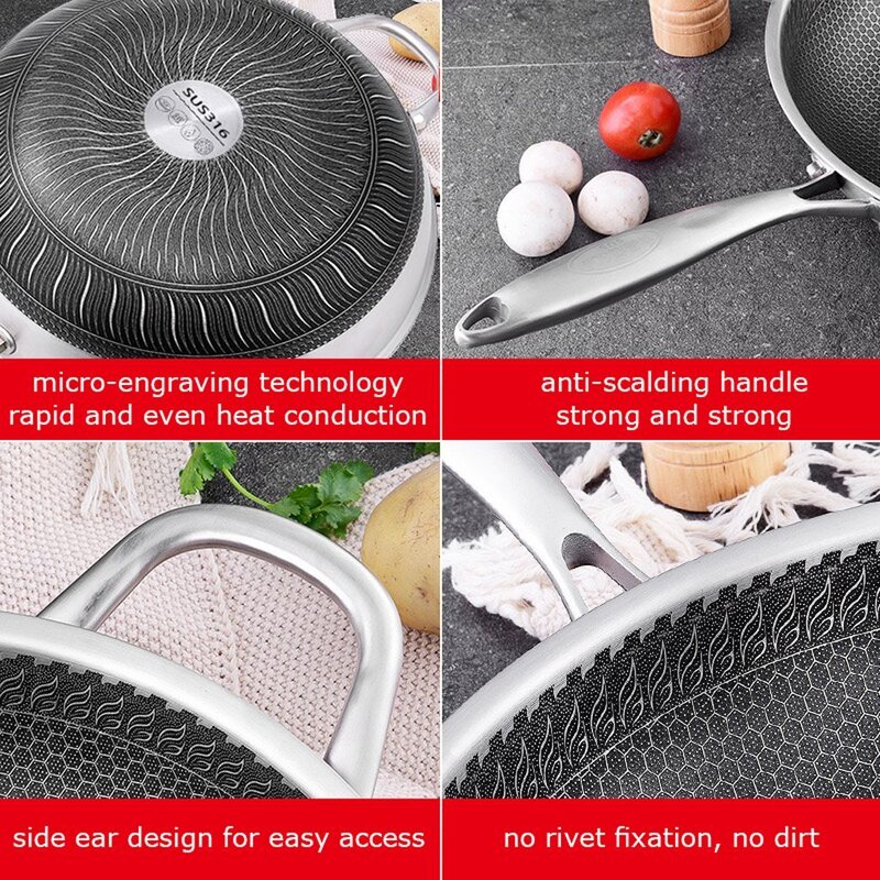 Non Stick Double Sided Honeycomb Cooking Frying Pan Wok Stainless Steel +  Lid