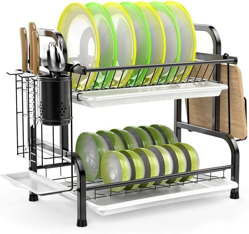 Stainless Steel 2Tier Dish Drying Rack with Utensil Holder, Cutting