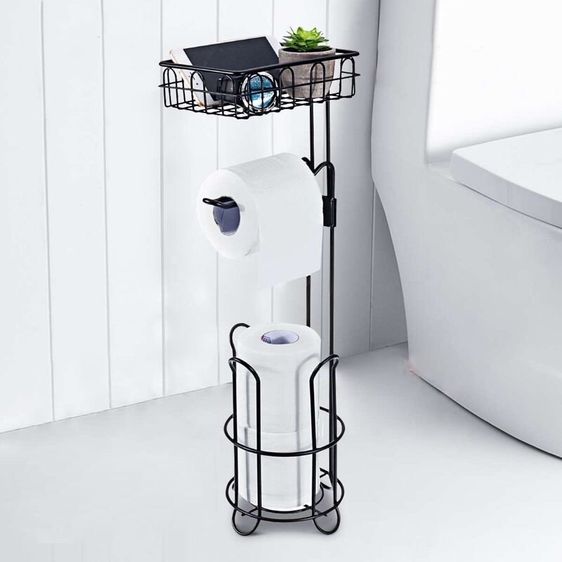 Toilet Paper Holder Stand and Storage Dispenser with Shelf for