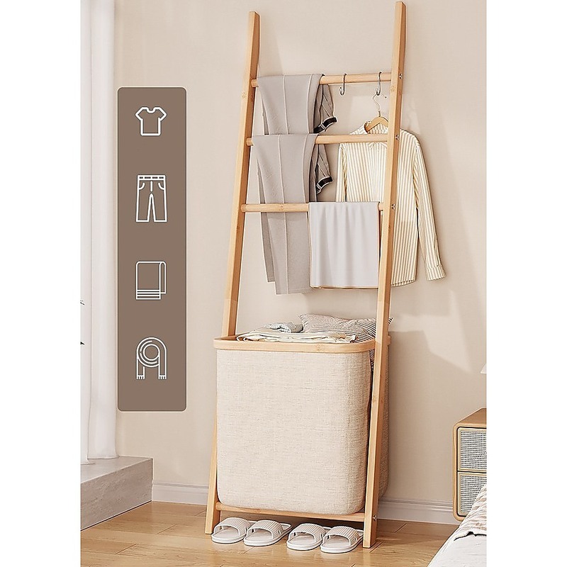Wall Leaning Ladder Shelf with Laundry Basket Clothes Hamper Bath