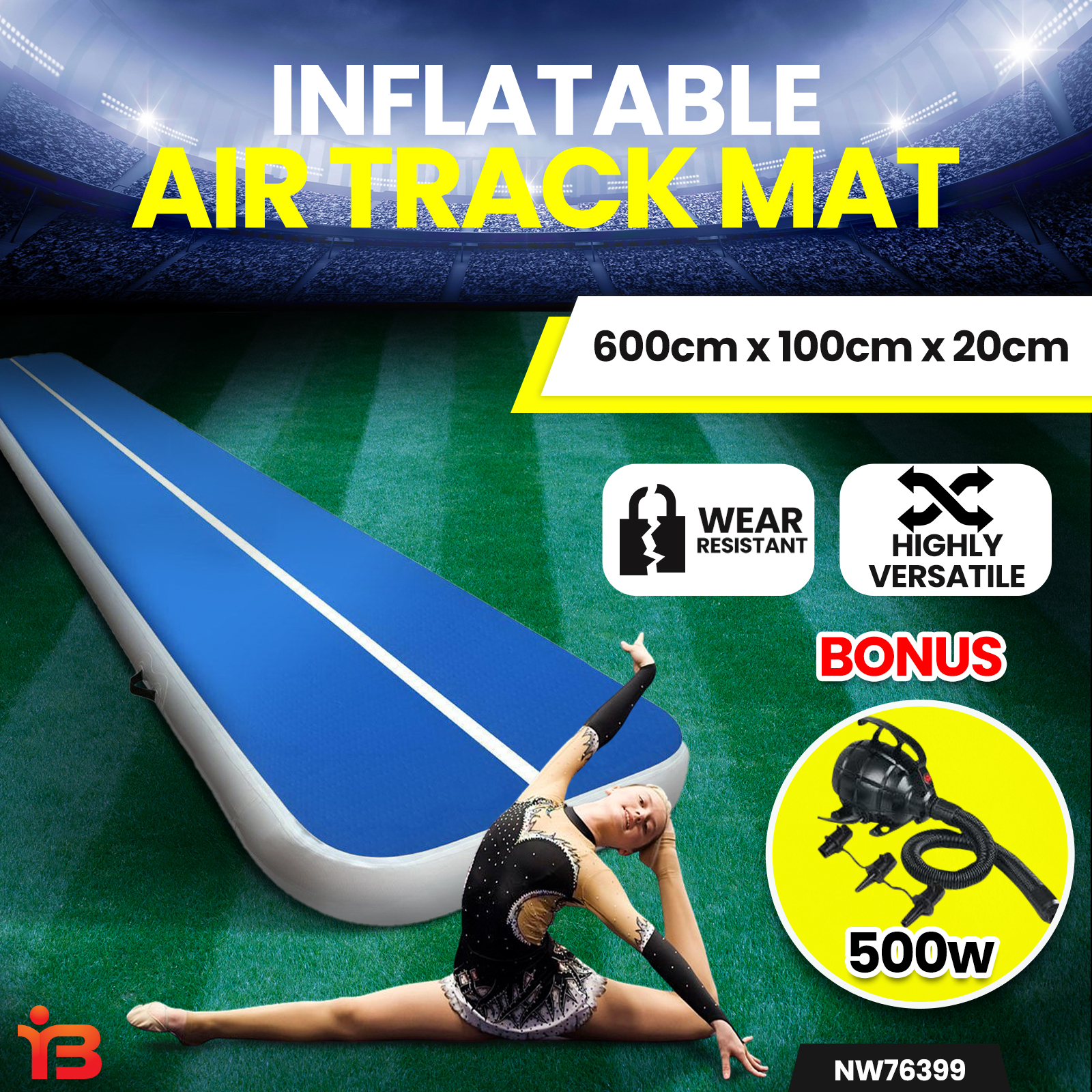 Inflatable Air Track Mat 20CM Thick with Pump Tumbling Gymnastics Blue 6X1M