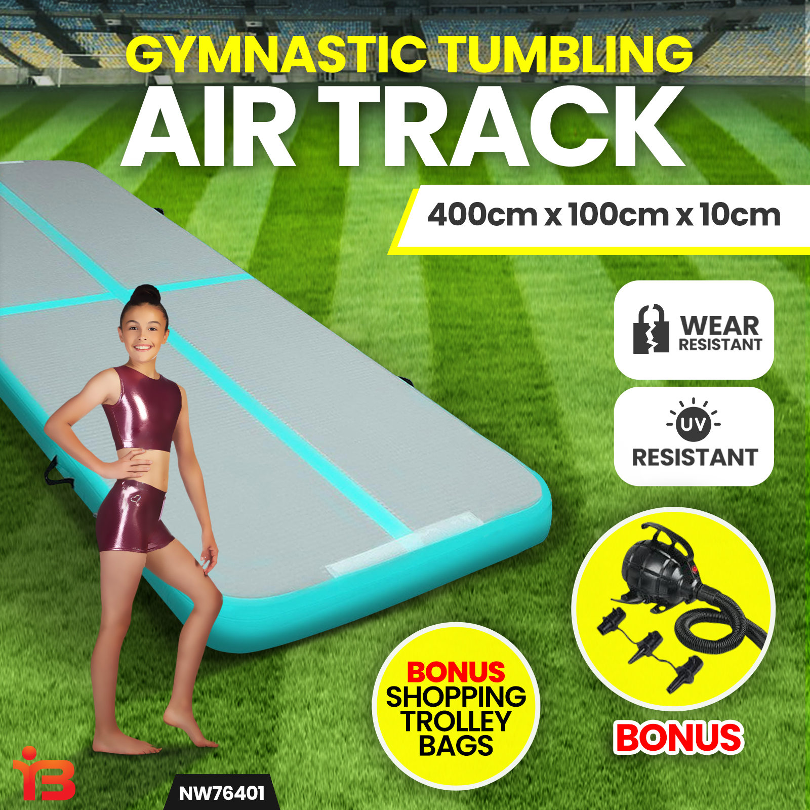 Inflatable Air Track Mat Anti-slip with Pump Tumbling Gymnastics Green 4X1M
