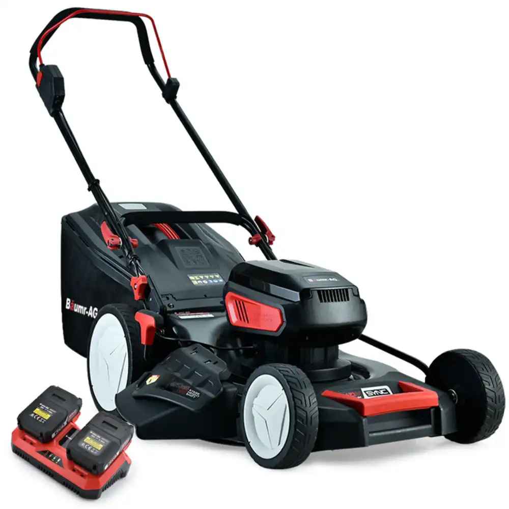 A battery-powered lawn mower with dual batteries, illustrating the innovation to consider on how to choose the right lawn mower