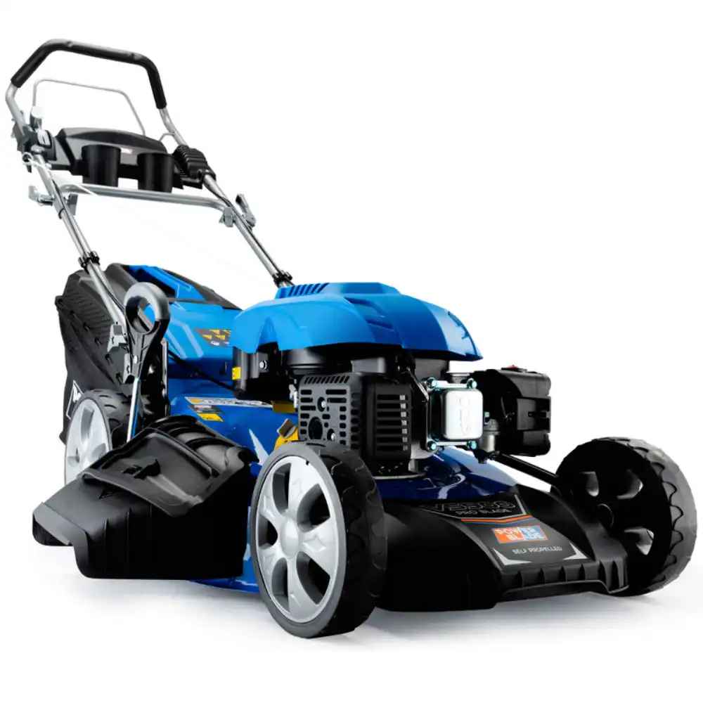 A blue gas lawn mower with high wheels, exemplifying features important for those researching how to choose the right lawn mower