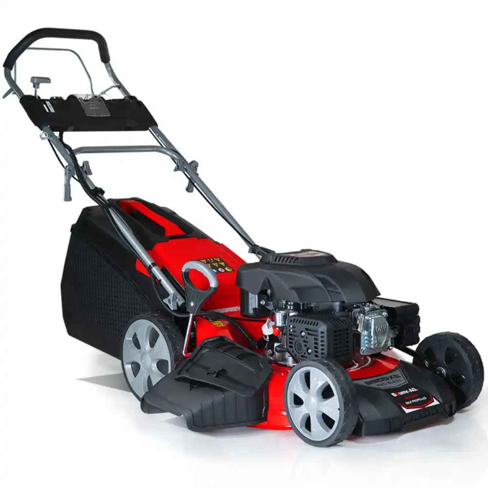 A red and black self-propelled mower with a rear bagger, a key model for tutorials on how to choose the right lawn mower