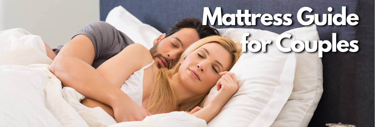 A couple sleeping peacefully on a double bed size mattress, under the banner 'Mattress Guide for Couples', showcasing comfort for two.