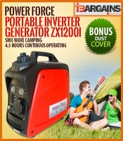 Ad for Power Force portable inverter generator ZX1200i, featuring a compact red generator with a bonus cover and a 4.5-hour continuous operation capability.