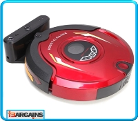 Red robotic vacuum cleaner with control panel on top and its black docking station, designed for efficient home cleaning.