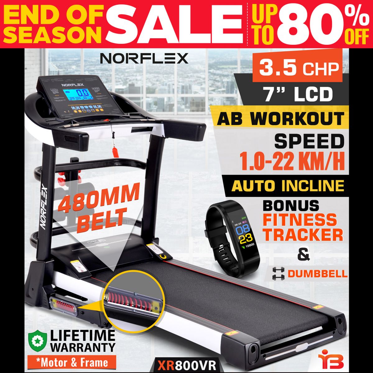 Advertisement for a treadmill for sale with discount, featuring a NORFLEX treadmill with extensive features and bonuses, including a fitness tracker and dumbbells, under an 'End of Season Sale' banner offering up to 80% off.